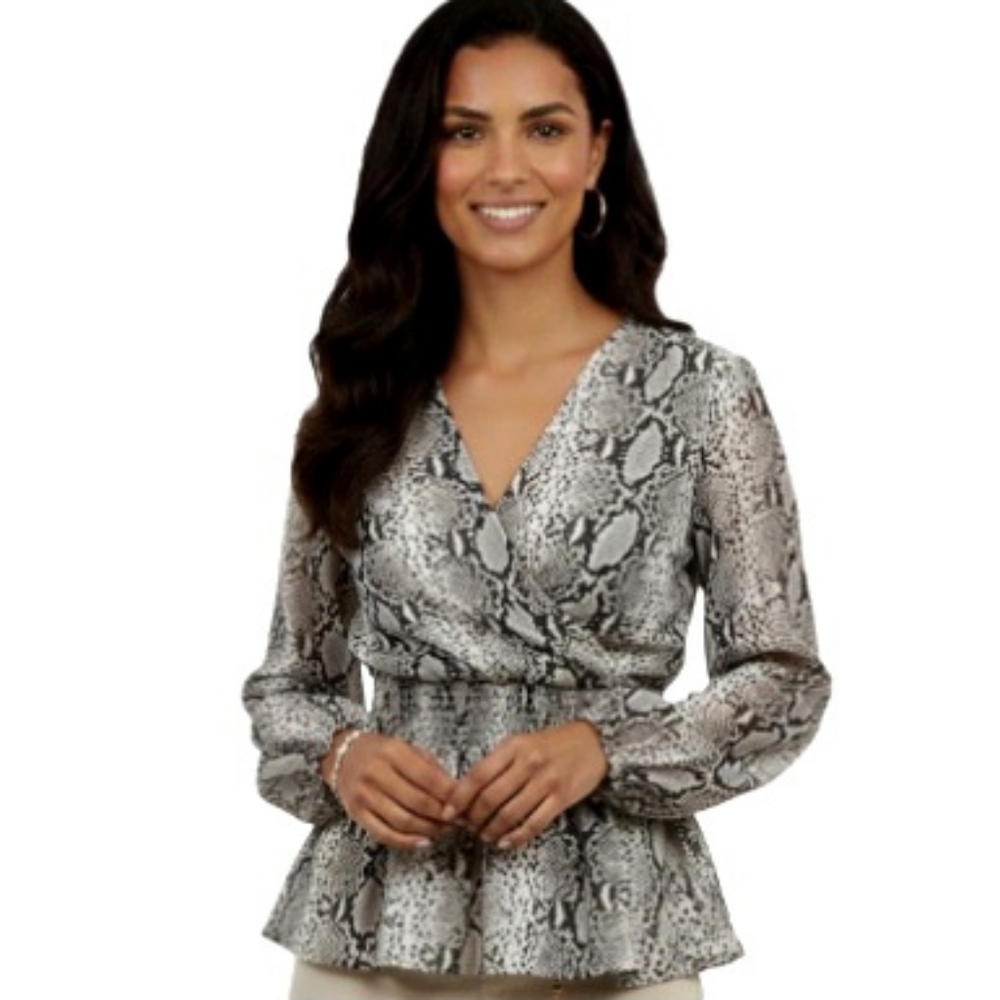 Japna Snakeprint Wrap Peplum Ruched Waist Long Sleeves Top Sz Medium NWT